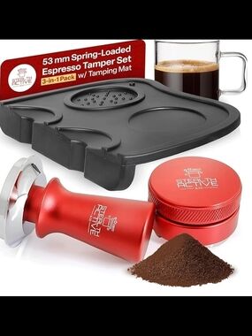 Red 53mm Spring-Loaded Espresso Tamper Set with Tamping Mat
